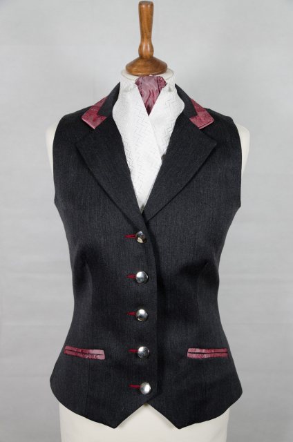 Equi-Jewel by Emily Galtry Equi-Jewel Competition Waistcoat - Grey 100% Wool Barathea with Burgundy Paisley (53) Trim and Dusky Pink (20) Piping