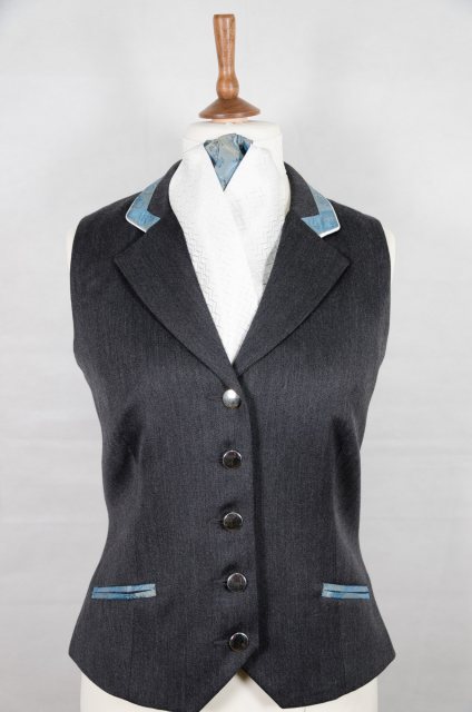 Equi-Jewel by Emily Galtry Equi-Jewel Competition Waistcoat - Grey 100% Wool Barathea with Turquoise Paisley (55) Trim and White (32) Piping