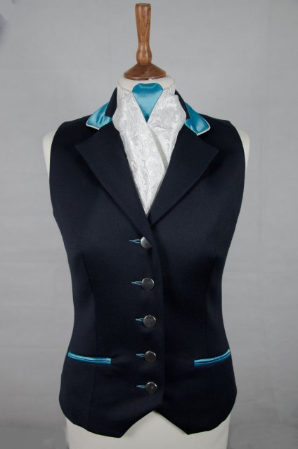 Equi-Jewel by Emily Galtry Equi-Jewel Competition Waistcoat - Navy 100% Wool Barathea with Aqua (05) Trim and White (32) Piping