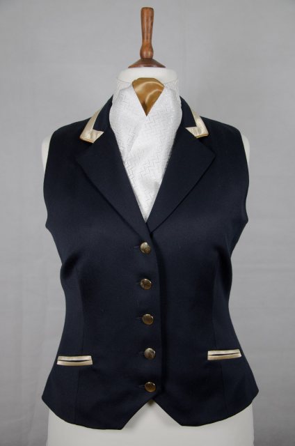 Equi-Jewel by Emily Galtry Equi-Jewel Competition Waistcoat - Navy 100% Wool Barathea with Gold (25) Trim and Dark Gold (30) Piping