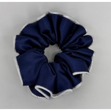 (61) French Navy Satin Scrunchie with Silver Glitter Piping