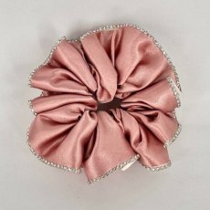 (21) Mid Pink Satin Scrunchie Edged with Clear Crystals