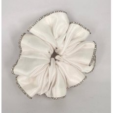 (32) White Satin Scrunchie Edged with Clear Crystals