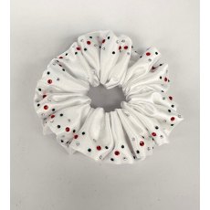 "BLING" (33) Bright White Scrunchie with Red, Emerald Green & Clear Crystals