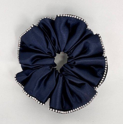 (01) Navy Satin Scrunchie Edged with Clear Crystals