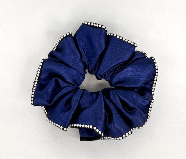 (61) French Navy Satin Scrunchie Edged with Clear Crystals