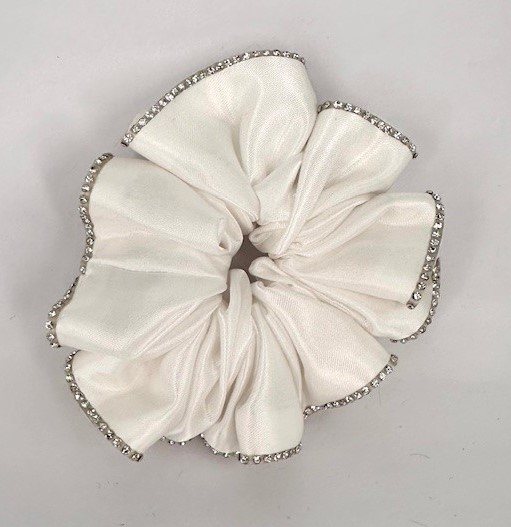 (32) White Satin Scrunchie Edged with Clear Crystals