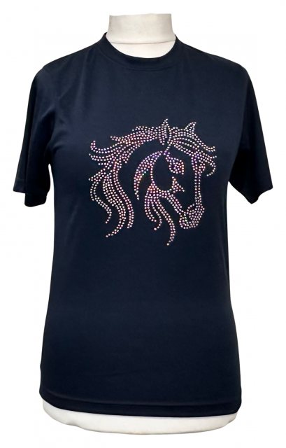 Equi-Jewel by Emily Unisex Cool Tech Navy T-Shirt with AB Crystal Horse Head Motif