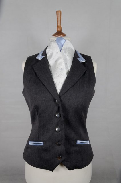 Equi-Jewel by Emily Galtry Equi-Jewel Competition Waistcoat - Grey 100% Wool Barathea with Cornflower Blue (41) Trim and White (32) Piping