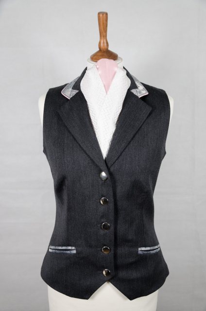 Equi-Jewel by Emily Galtry Equi-Jewel Competition Waistcoat - Grey 100% Wool Barathea with Silver Grey Paisley (46) Trim and Baby Pink (22) Piping