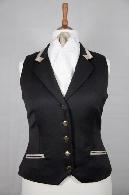 Equi-Jewel by Emily Galtry Equi-Jewel Competition Waistcoat - Black 100% Wool Barathea with Gold Paisley (38) Trim and Dark Gold (30) Piping