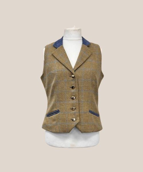 Equi-Jewel by Emily Galtry Ex-Demo Equi-Jewel by Emily Tweed Waistcoat - Cairngorm Quail Tweed with Faux Suede Denim (3) Full Collar and Trim - UK Size 14