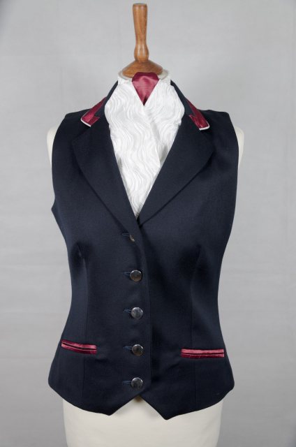 Equi-Jewel Competition Waistcoat - Navy Barathea with Burgundy (18) Trim and White (32) Piping