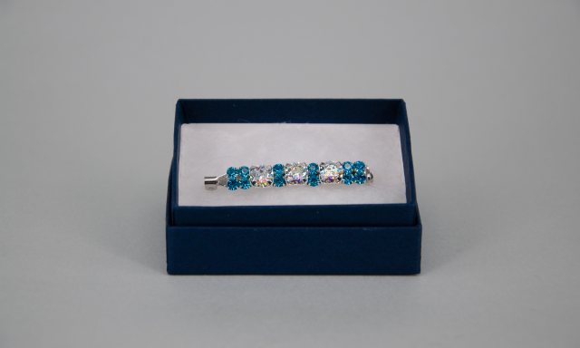 Equi-Jewel by Emily Galtry Stock Pin - 6mm White Patina Swarovski Crystals with 3mm Acid Blue Jewels